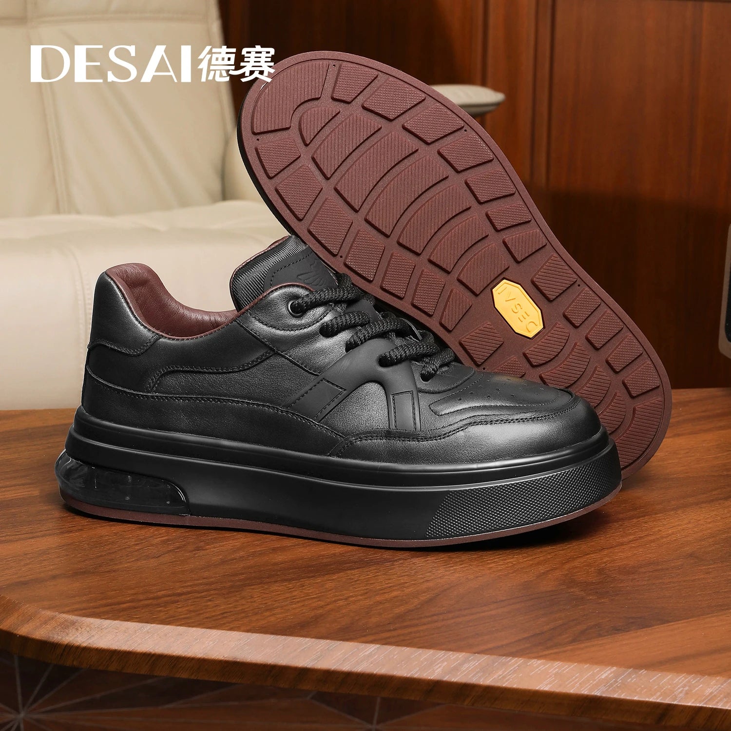 Desai Men's New sports shoes Low-top height-increasing Retro footwear with soft soles and Genuine leather sneakers Fashion