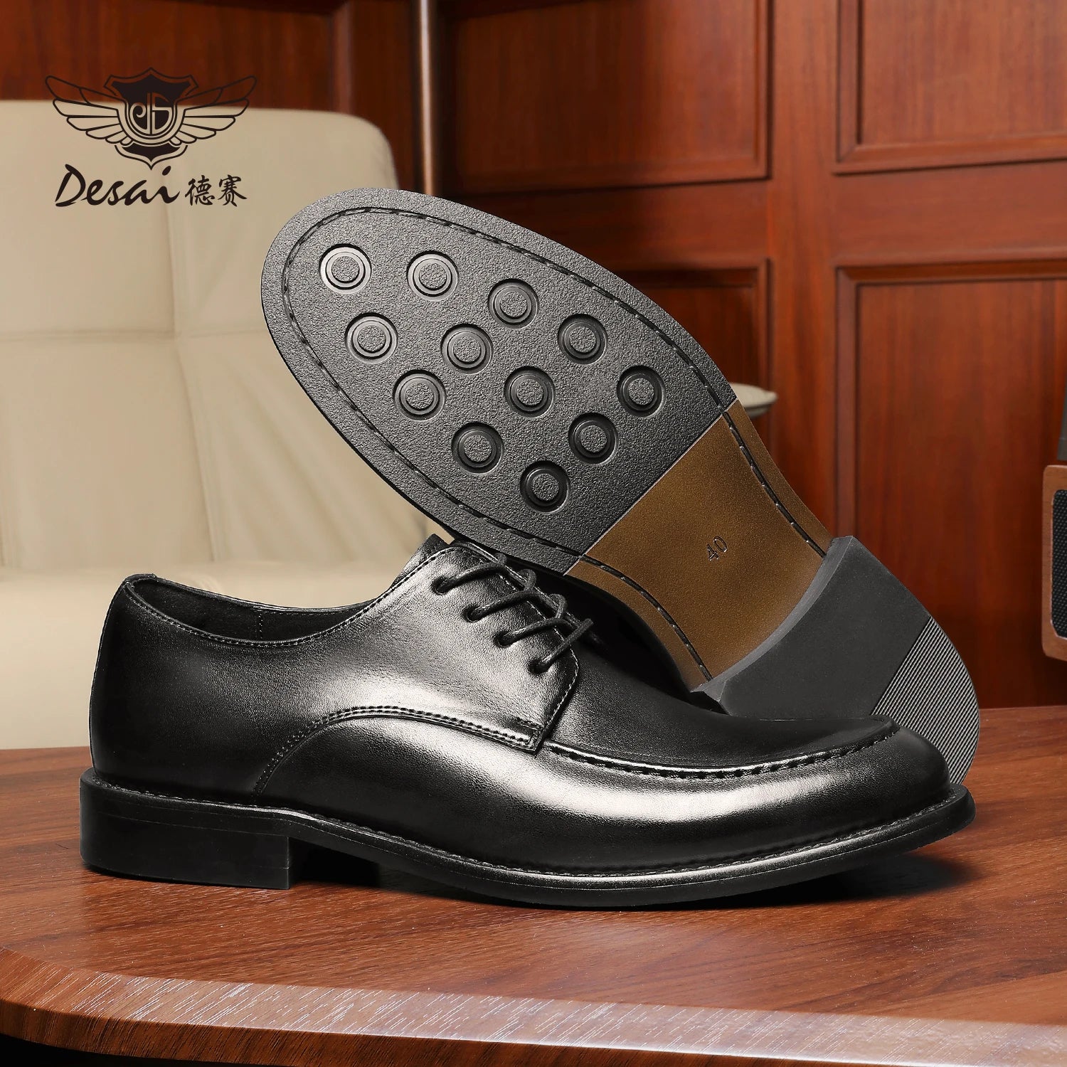 Desai [High-end horsehide] men's leather shoes business formal round head Derby shoes men's leather soft soled handmade footwear