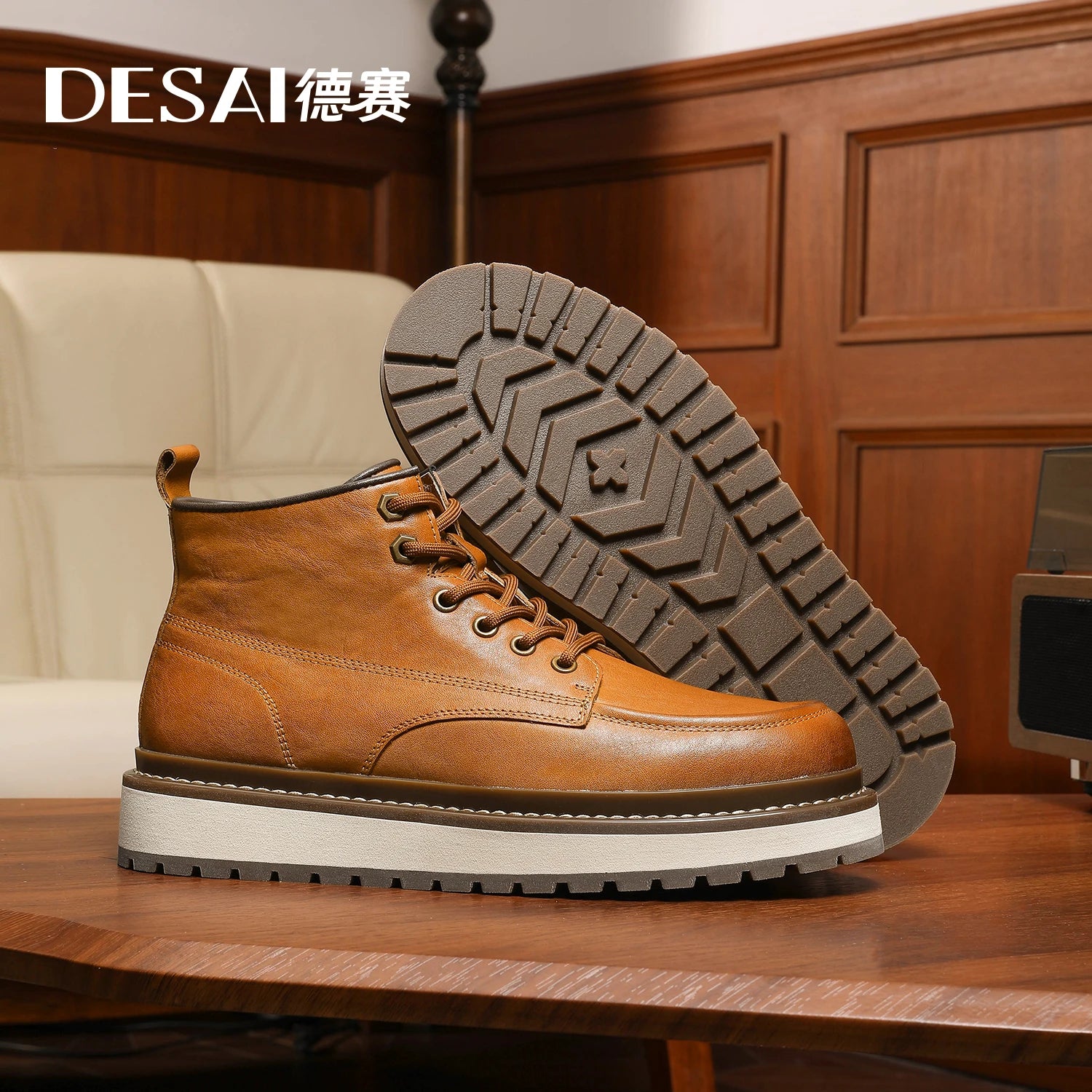 Desai Men's retro British style high top casual men's shoes warm thick sole cargo men's boots