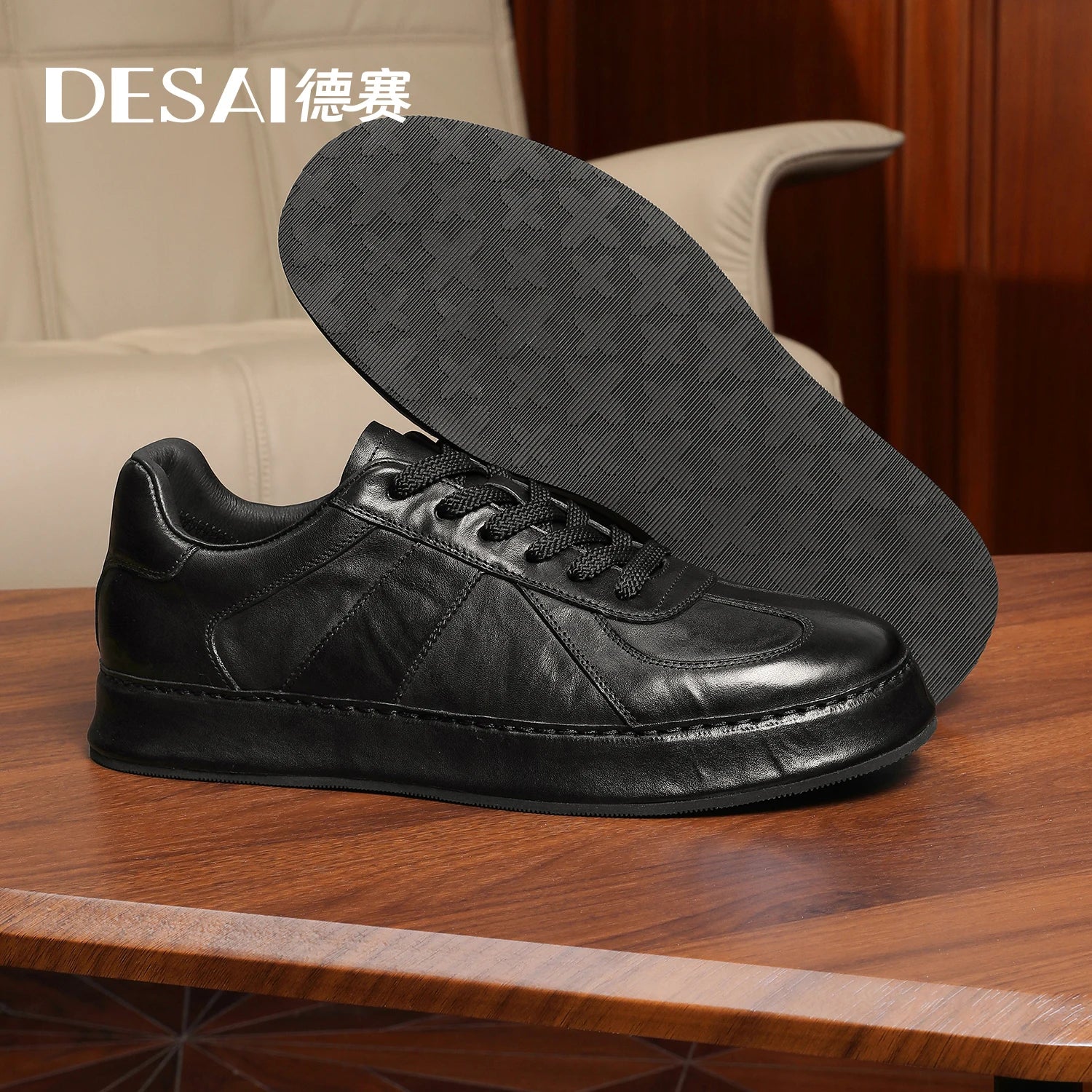 Desai Men's winter German trainer shoes leather wear-resistant casual board shoes low top classic sports commuter footwear