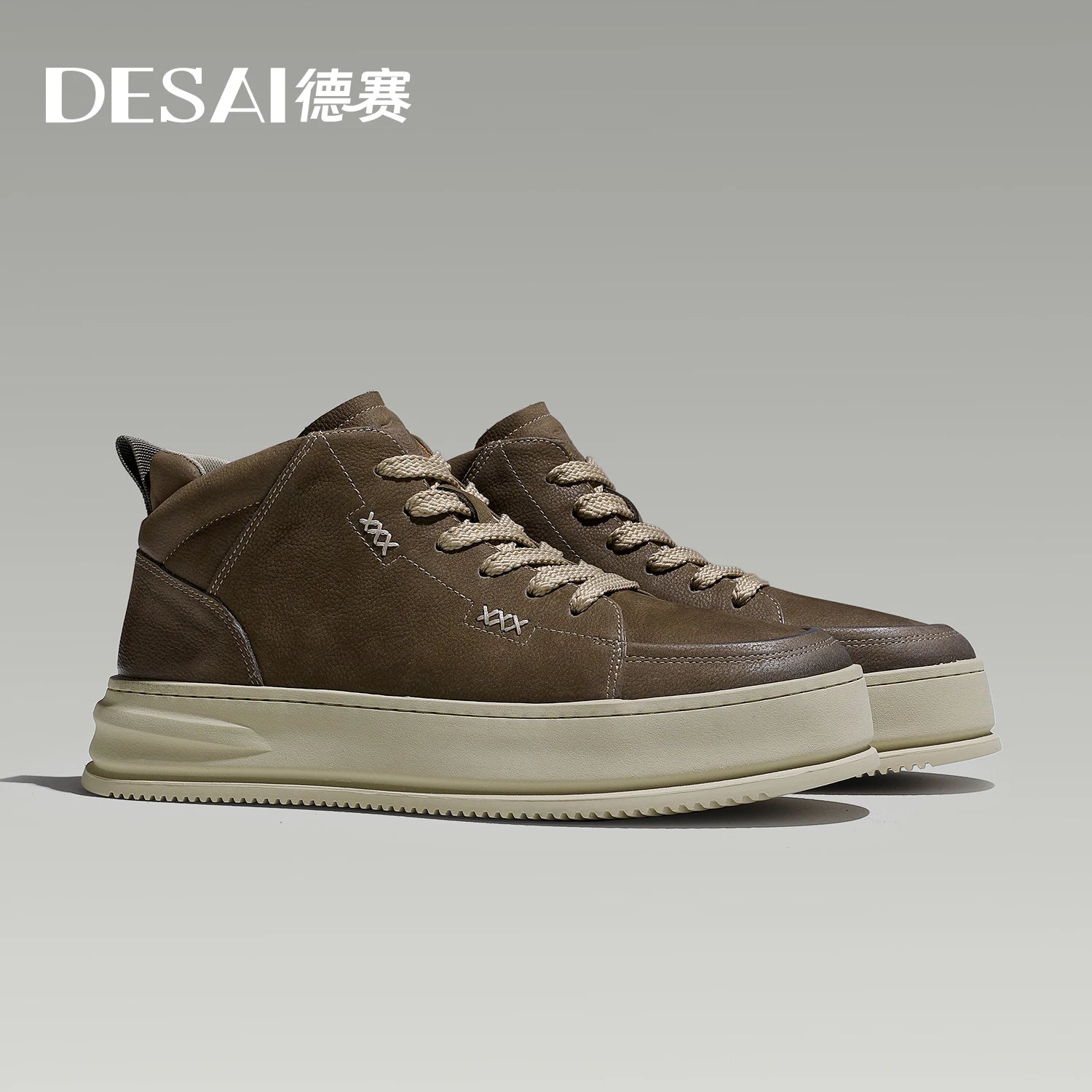 Desai [Vintage work shoes] Men's shoes Autumn and winter warm elevating board shoes men's casual leather high top shoes