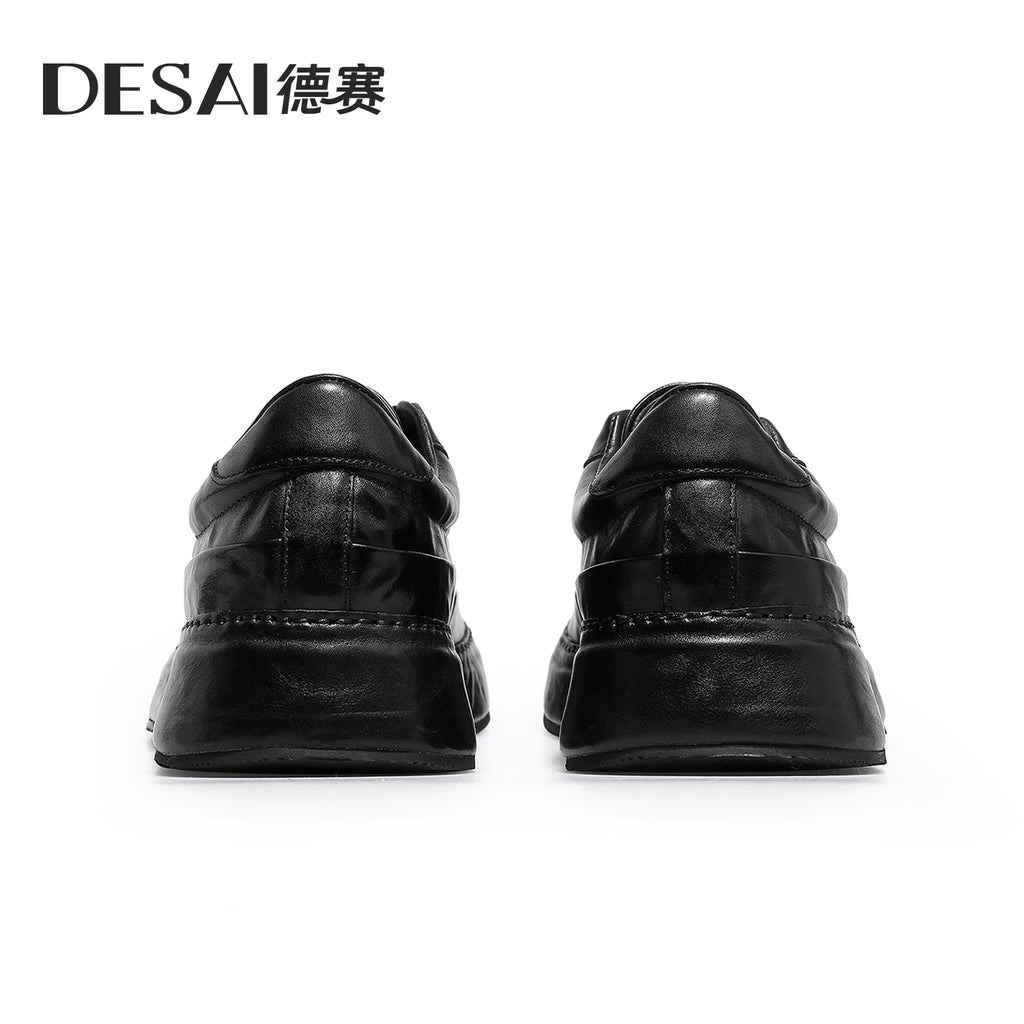 Desai [Leather bottom] winter leather casual shoes men's increase soft soled board shoes black low-top fashion men's shoes