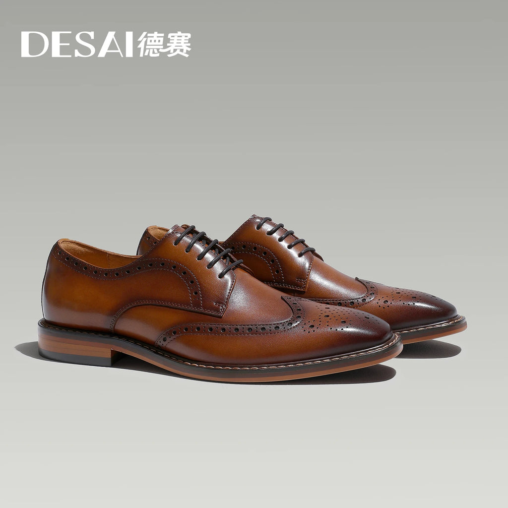 DESAI genuine leather business formal Derby shoes thick soled height increasing leisure shoes brogue carved handmade men's shoes