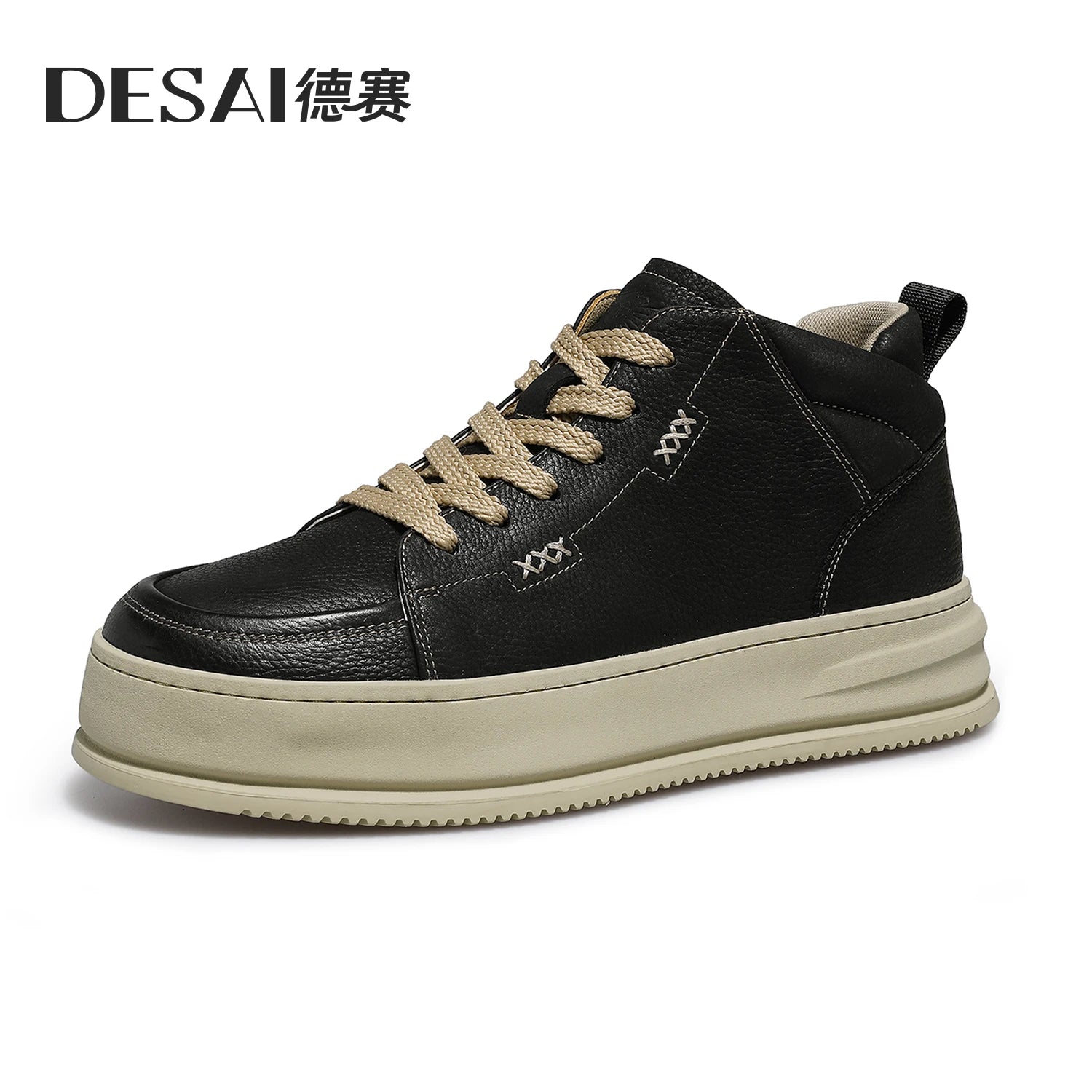 Desai [Vintage work shoes] Men's shoes Autumn and winter warm elevating board shoes men's casual leather high top shoes