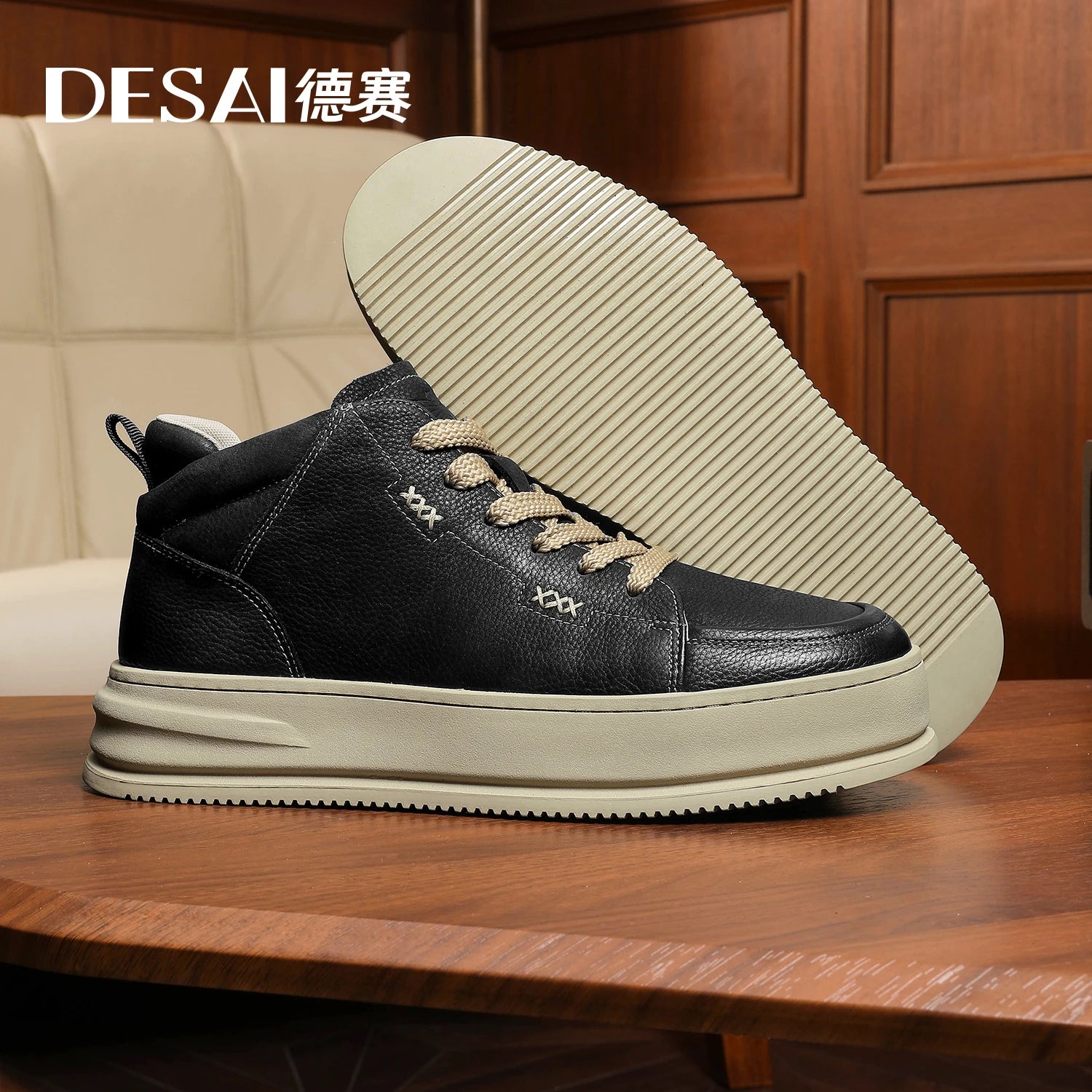 Desai [Vintage work shoes] Men's shoes Autumn and winter warm elevating board shoes men's casual leather high top shoes