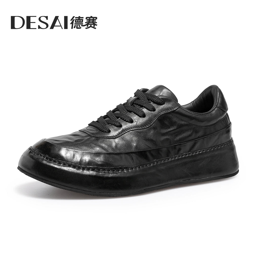 Desai [Leather bottom] winter leather casual shoes men's increase soft soled board shoes black low-top fashion men's shoes