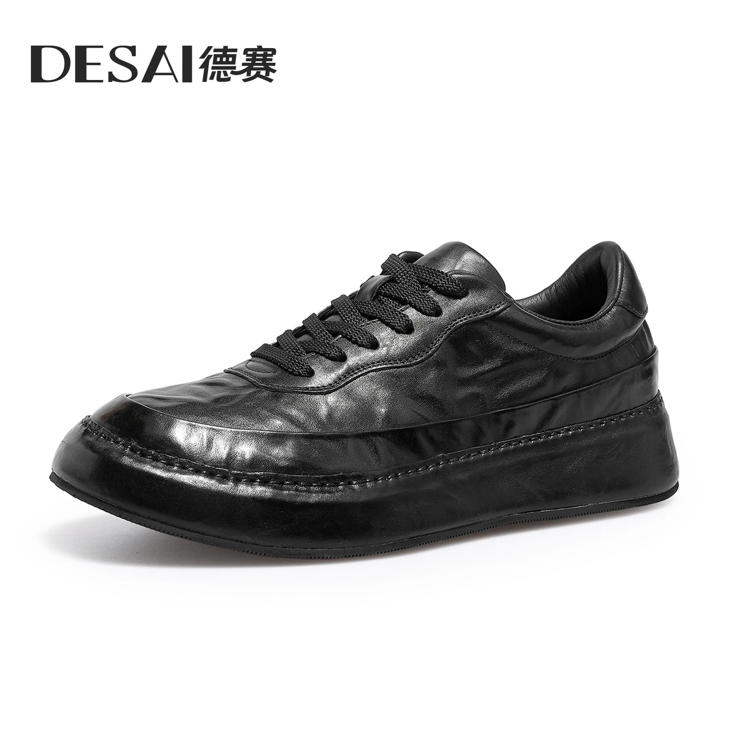 Desai [Leather bottom] winter leather casual shoes men's increase soft soled board shoes black low-top fashion men's shoes