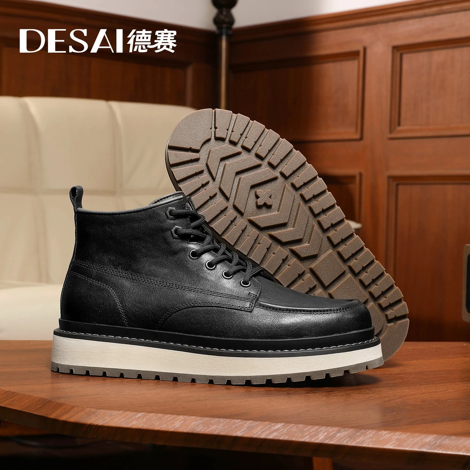 Desai Men's retro British style high top casual men's shoes warm thick sole cargo men's boots