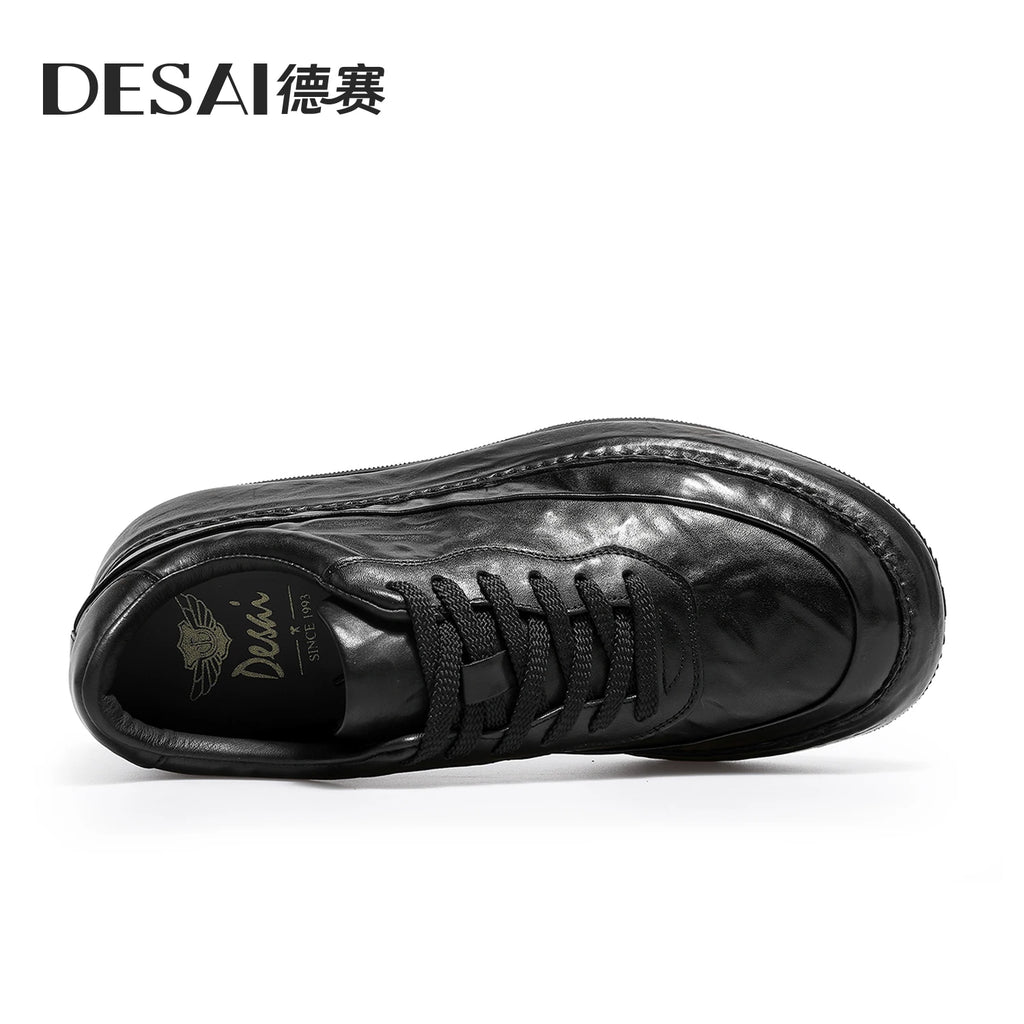 Desai [Leather bottom] winter leather casual shoes men's increase soft soled board shoes black low-top fashion men's shoes