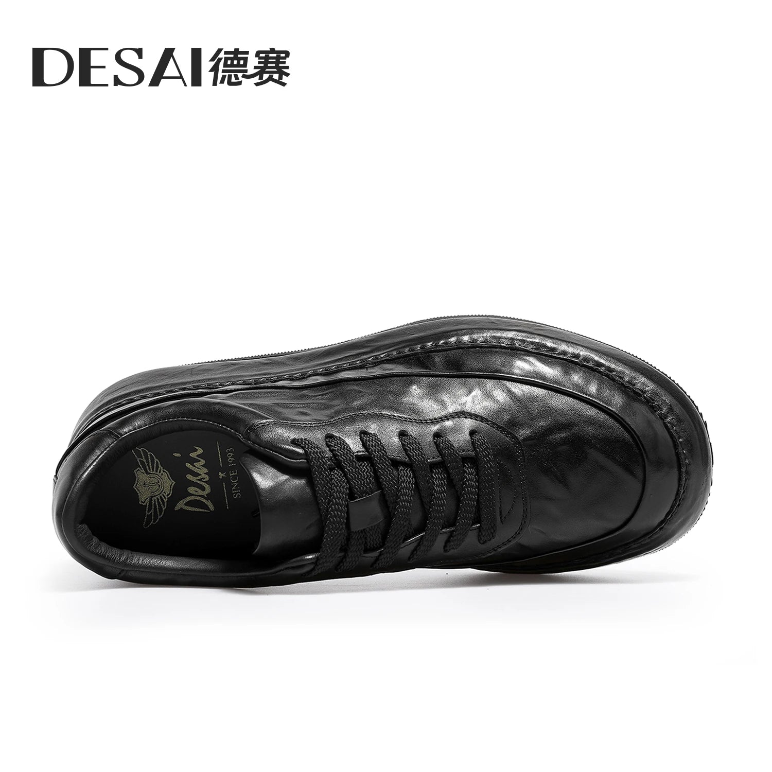 Desai [Leather bottom] winter leather casual shoes men's increase soft soled board shoes black low-top fashion men's shoes