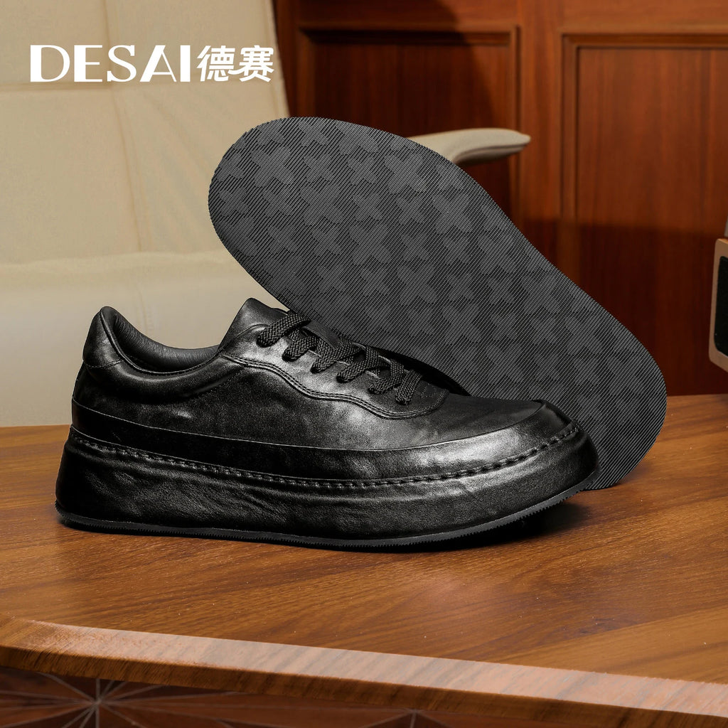 Desai [Leather bottom] winter leather casual shoes men's increase soft soled board shoes black low-top fashion men's shoes