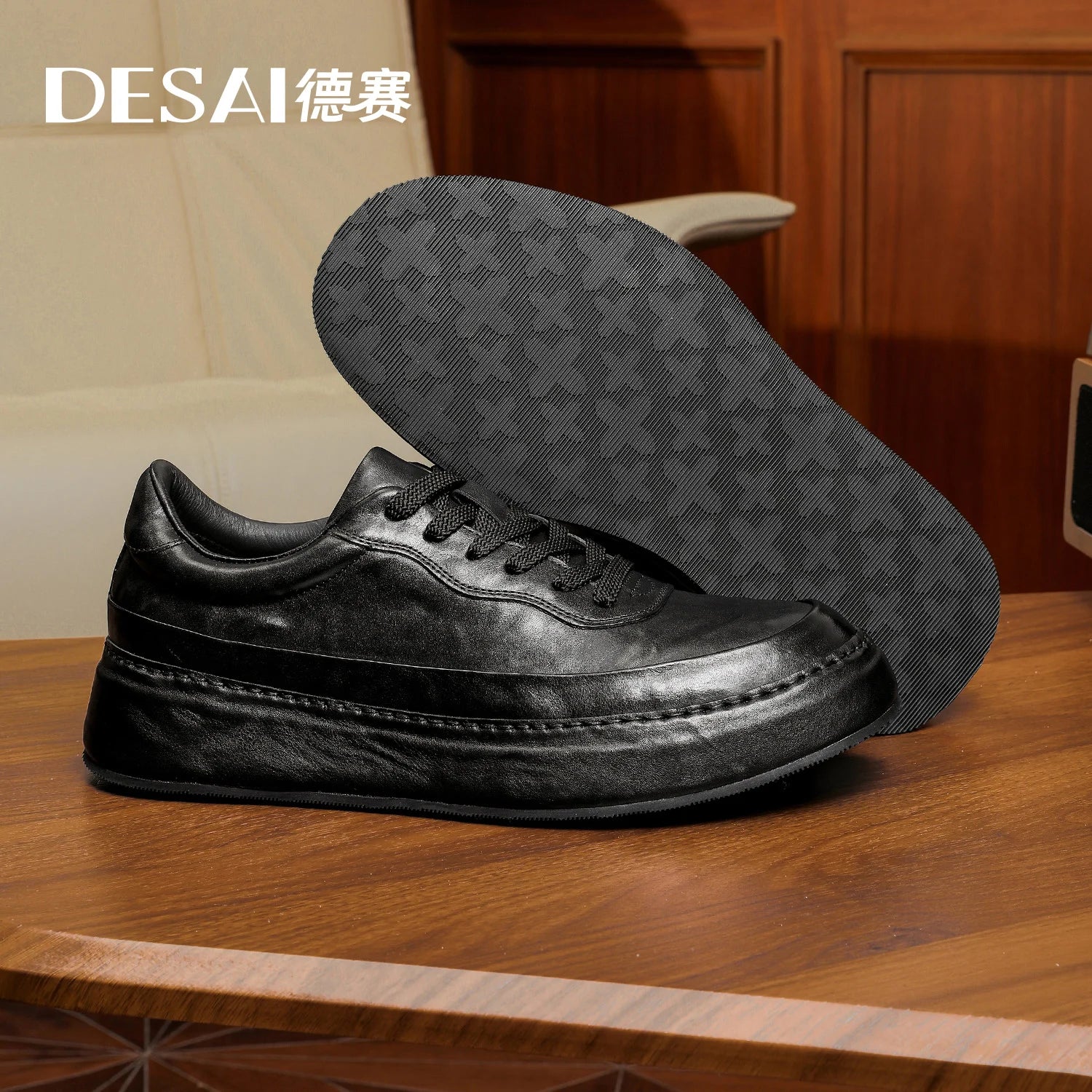 Desai [Leather bottom] winter leather casual shoes men's increase soft soled board shoes black low-top fashion men's shoes