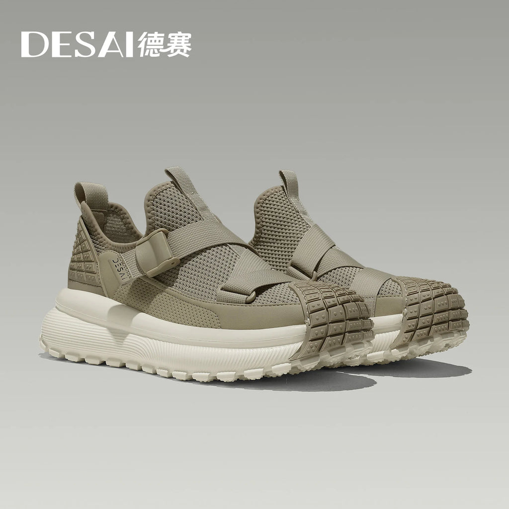 DESAI Breathable mesh shell toe knitted mesh shoes with no laces thick sole heightening casual men's shoes