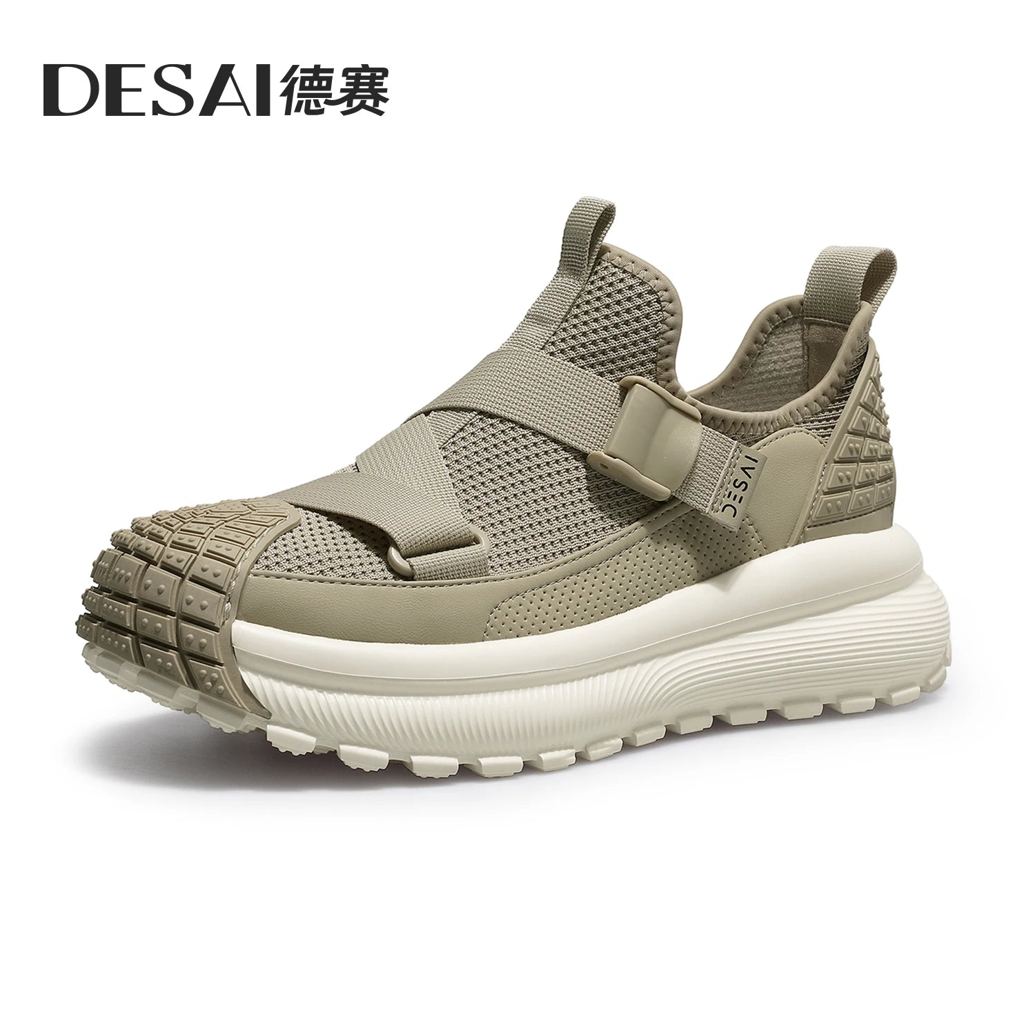 DESAI Breathable mesh shell toe knitted mesh shoes with no laces thick sole heightening casual men's shoes