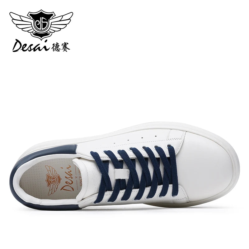 DESAI Thick soled height increasing casual board shoes for men made of genuine leather, lightweight and breathable white shoes
