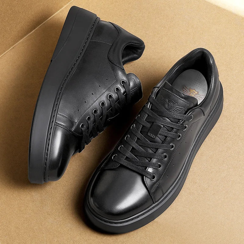 DESAI Thick soled height increasing casual board shoes for men made of genuine leather, lightweight and breathable white shoes