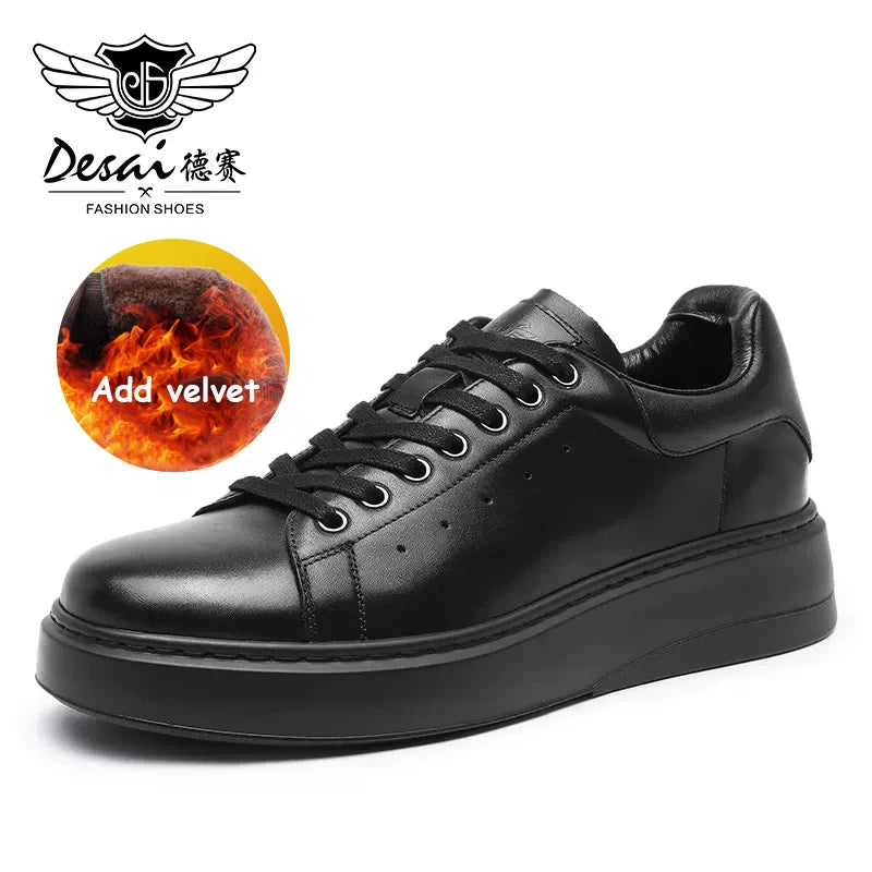 DESAI Thick soled height increasing casual board shoes for men made of genuine leather, lightweight and breathable white shoes