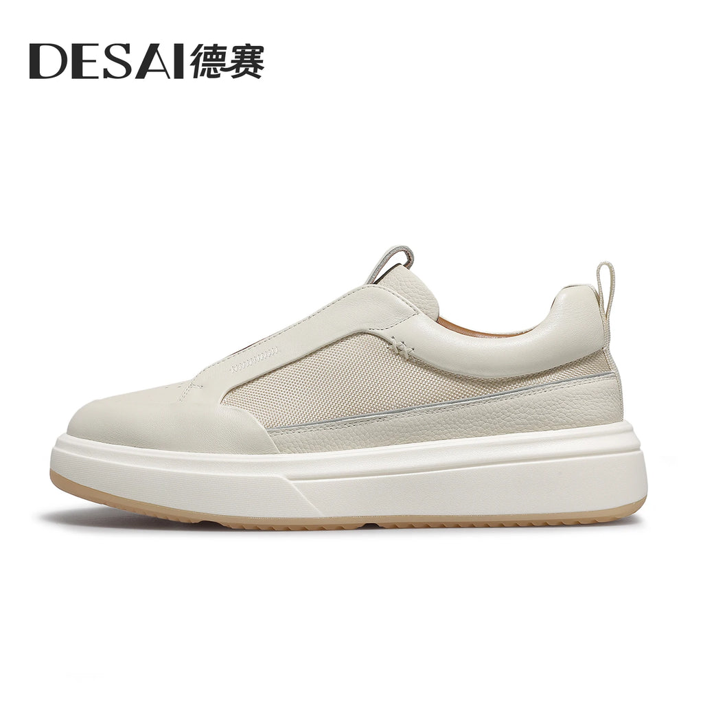 DESAI Men's leather casual shoes with breathable web surface and soft sole; versatile sports plimsolls