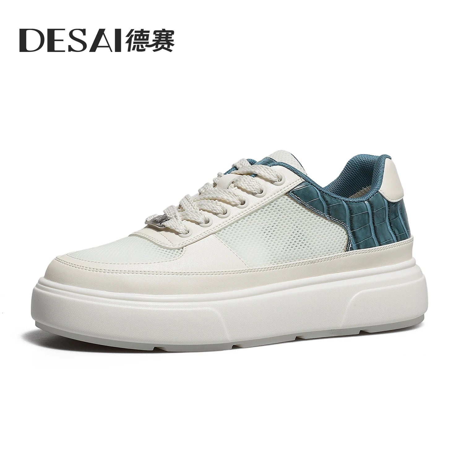 DESAI Thick-soled sports shoes for men with breathable mesh upper; summer white shoes for casual wear to add height