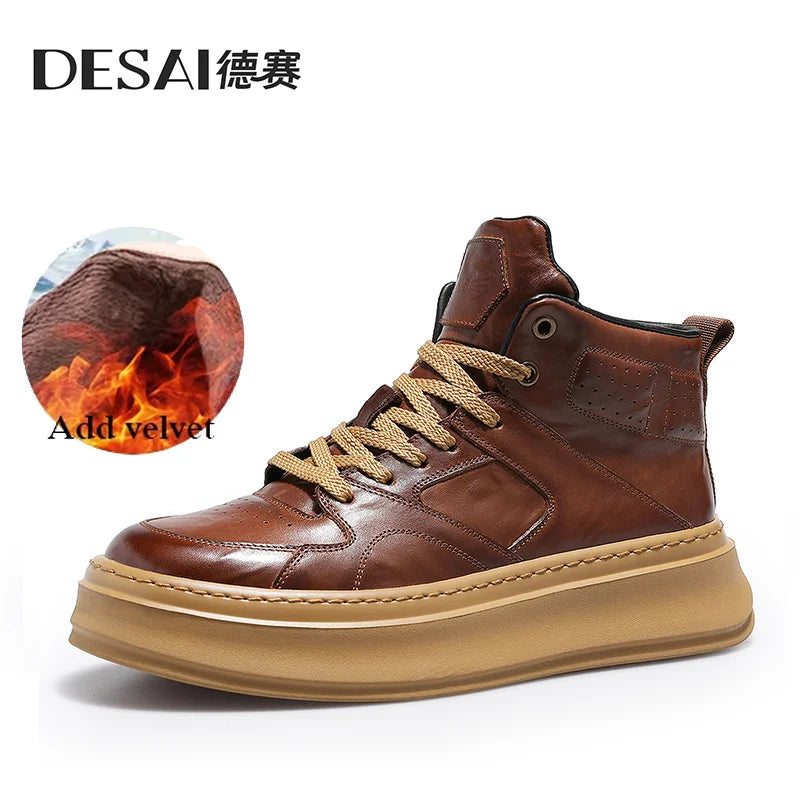 [Hand scratch grain color warm work shoes] Desai winter men's shoes comfortable non-slip high top shoes retro board shoes men