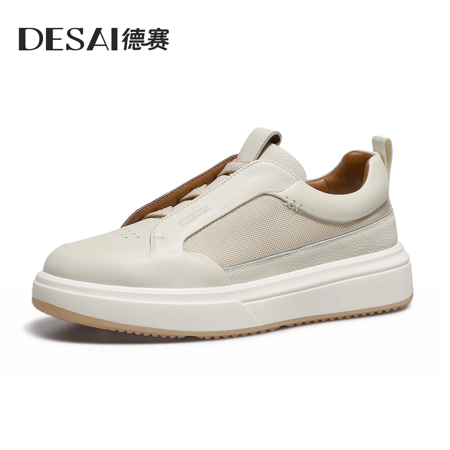 DESAI Men's leather casual shoes with breathable web surface and soft sole; versatile sports plimsolls