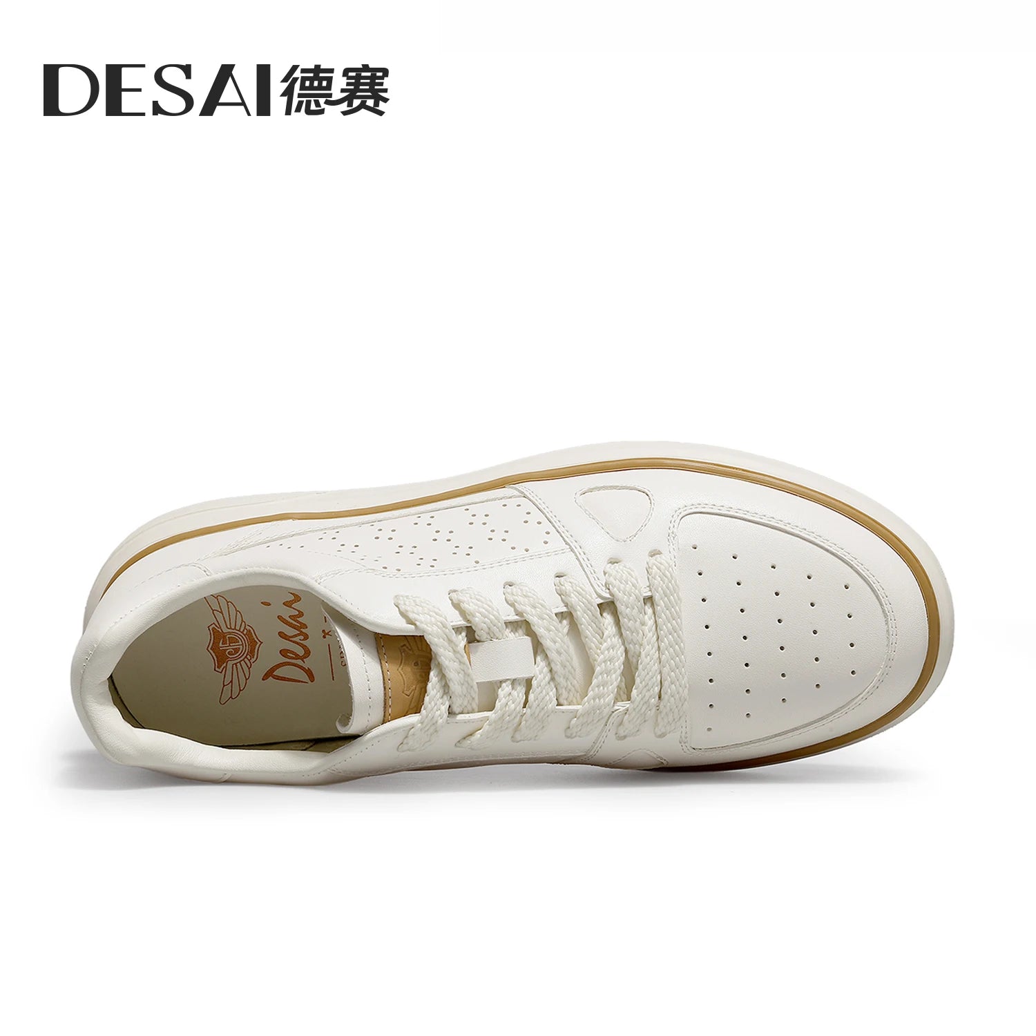 DESAI Men's perforated breathable plimsoll shoes with thick soles and height increase; light and versatile white shoes.