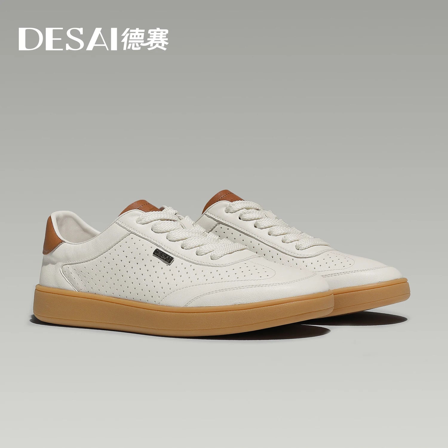 DESAI Men's versatile white shoes with perforated ventilation; lightweight casual plimsolls