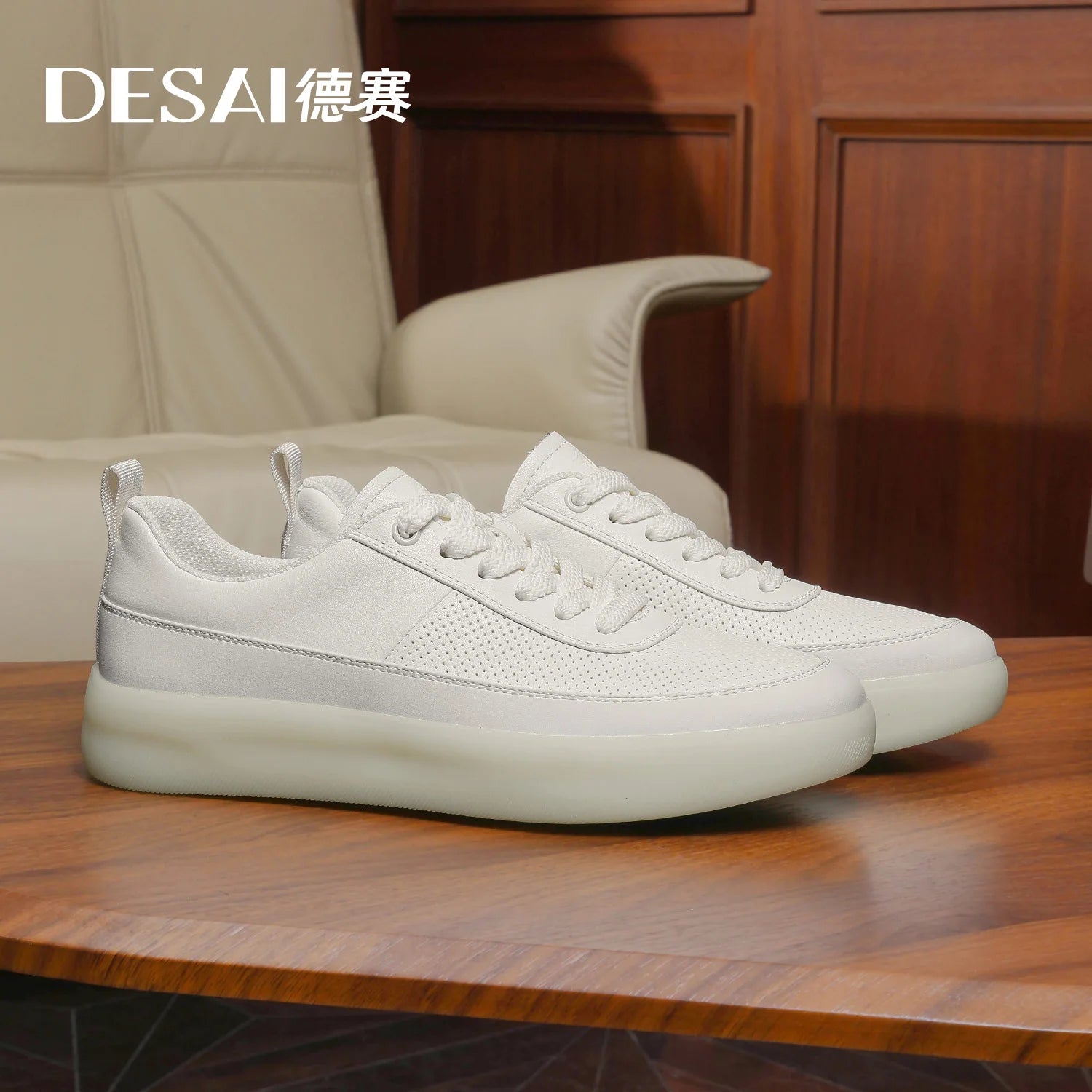 DESAI Punch hole breathable shoes soft sole lightweight men's leisure plimsolls versatile white shoes