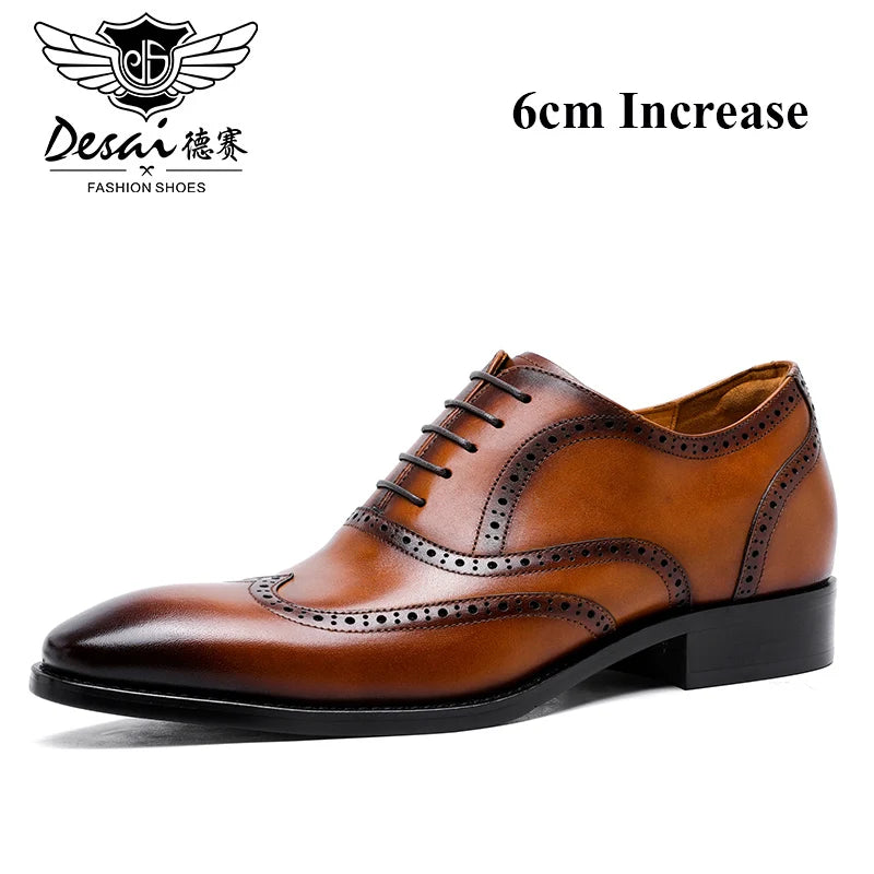 Desai Block Men's Shoes With Elevated Height Inside Business Dress Leather Shoes Men's Pointed Carved British Groom Shoe