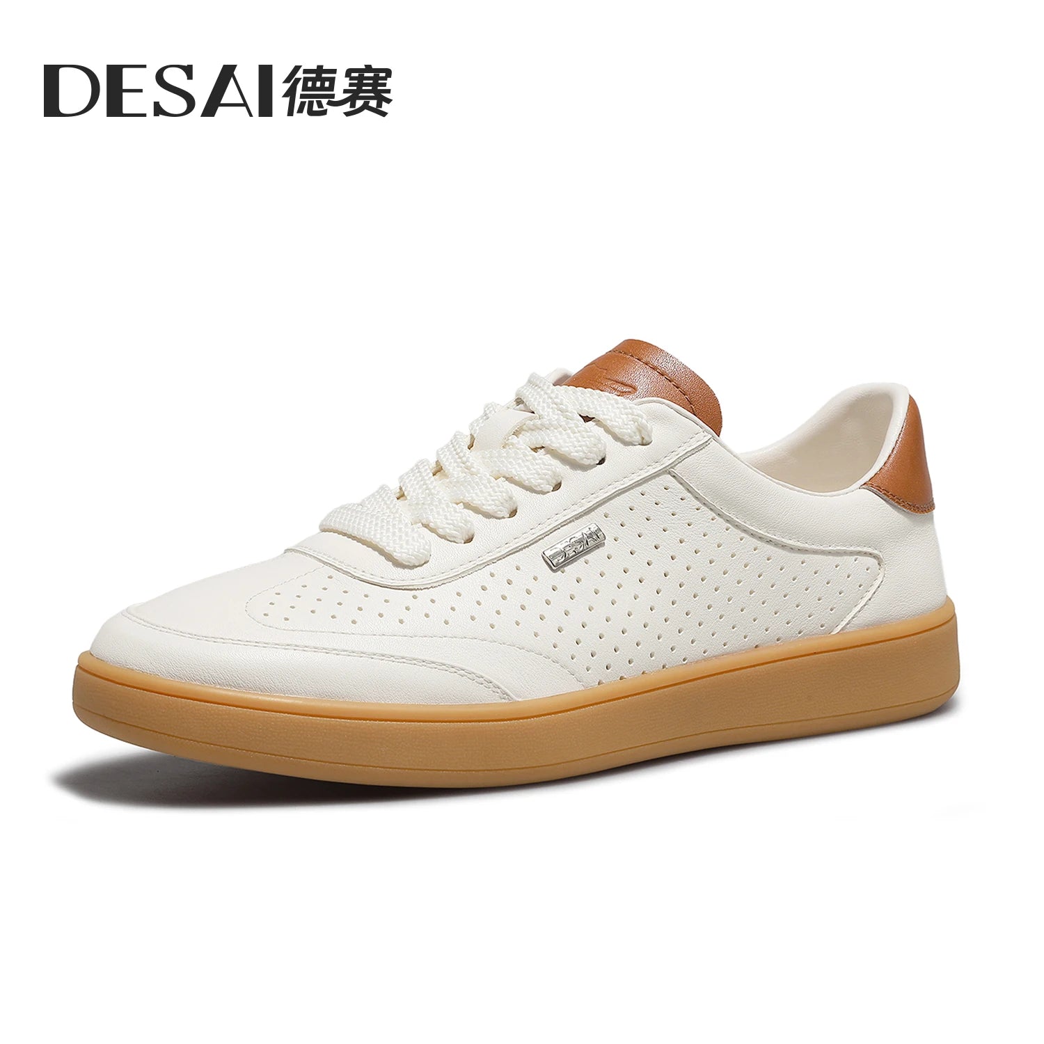 DESAI Men's versatile white shoes with perforated ventilation; lightweight casual plimsolls
