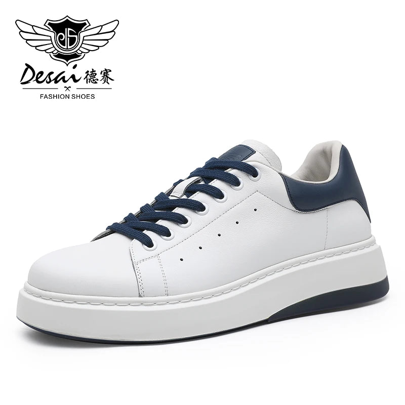 DESAI Thick soled height increasing casual board shoes for men made of genuine leather, lightweight and breathable white shoes