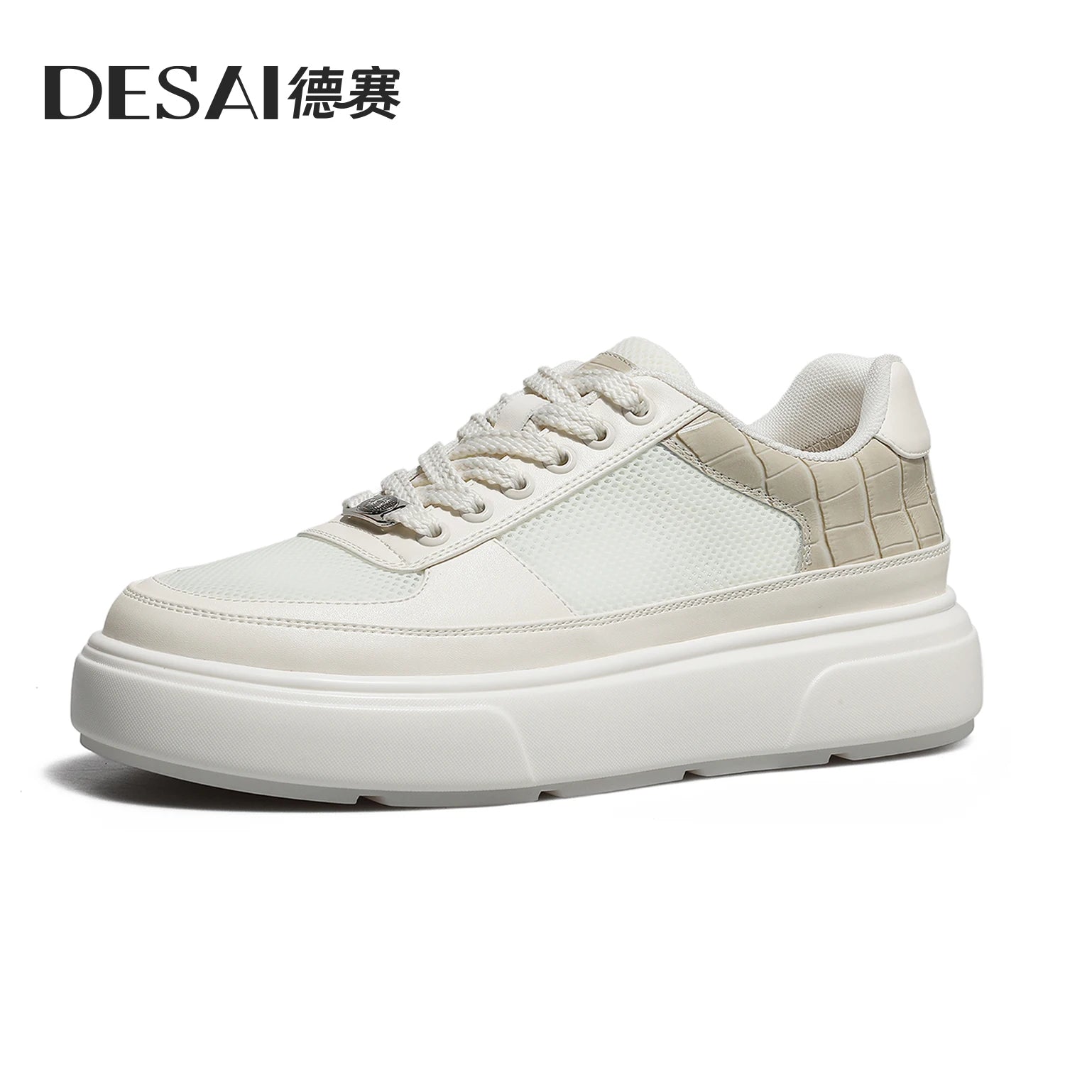 DESAI Thick-soled sports shoes for men with breathable mesh upper; summer white shoes for casual wear to add height