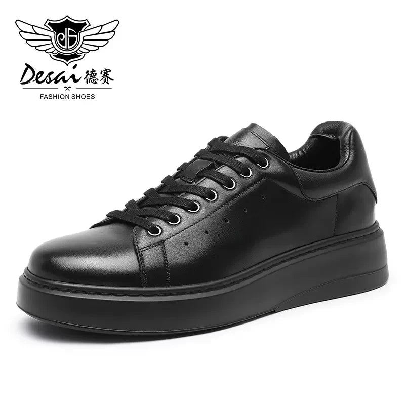 DESAI Thick soled height increasing casual board shoes for men made of genuine leather, lightweight and breathable white shoes