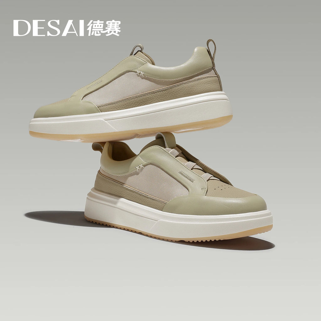 DESAI Men's leather casual shoes with breathable web surface and soft sole; versatile sports plimsolls