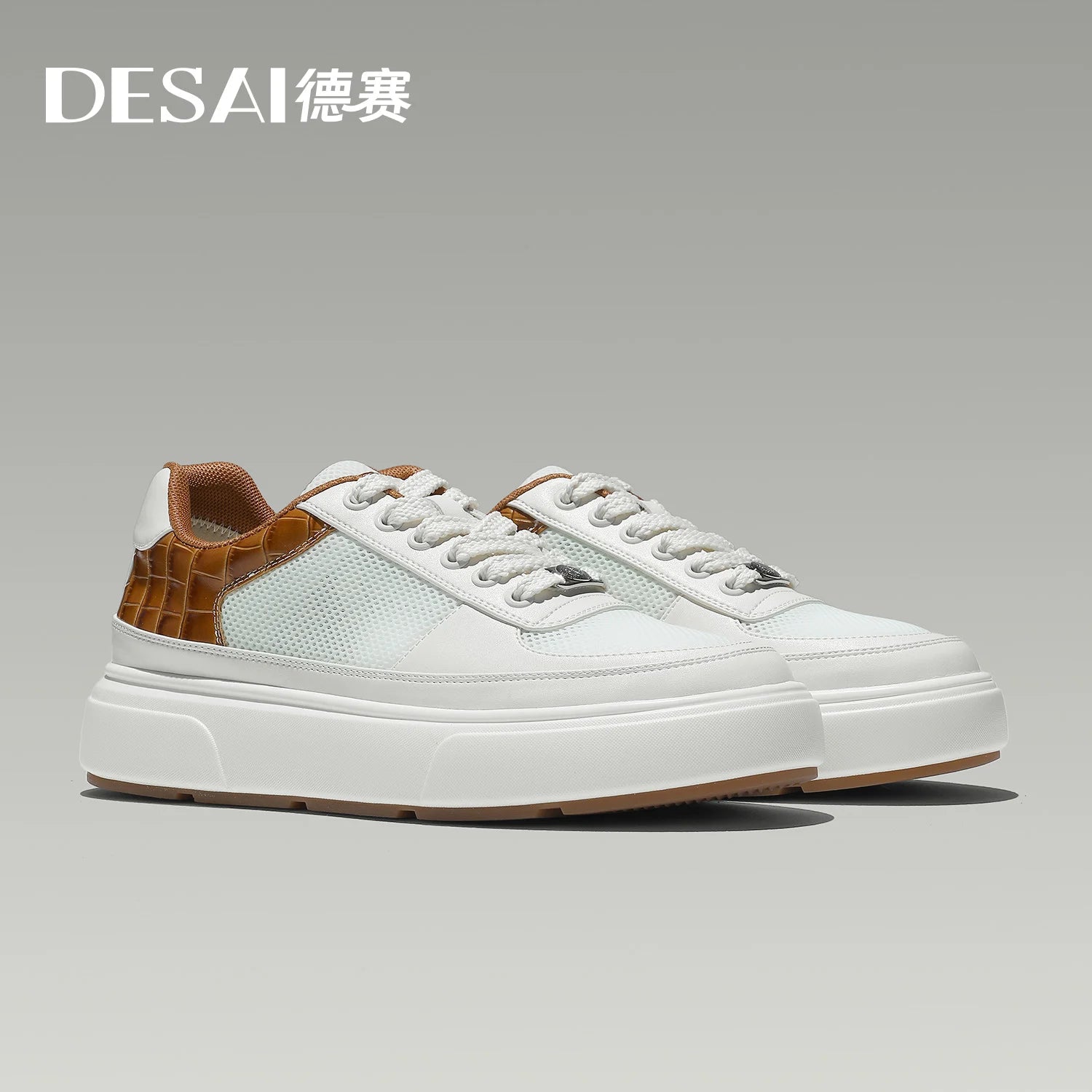 DESAI Thick-soled sports shoes for men with breathable mesh upper; summer white shoes for casual wear to add height