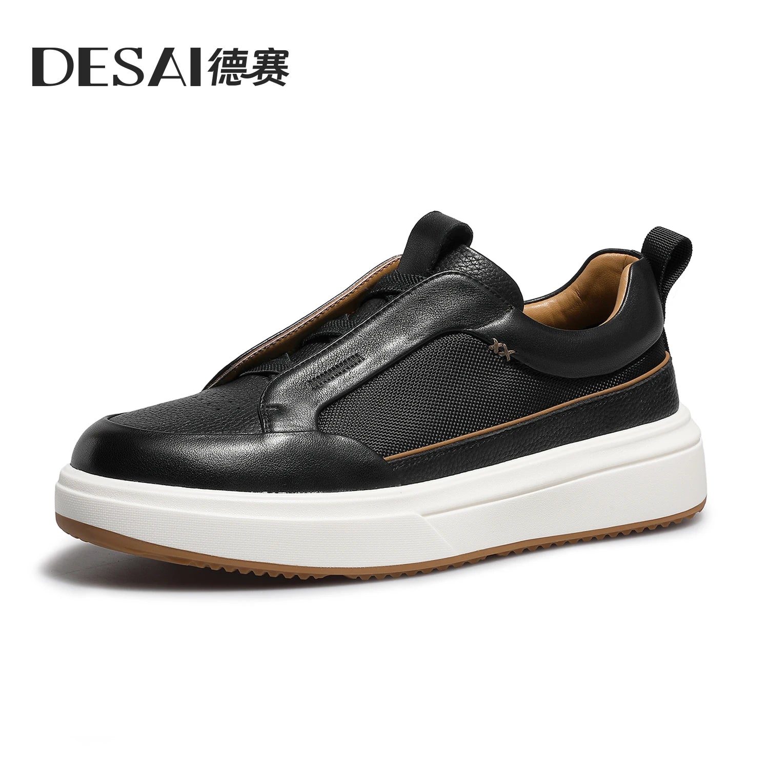 DESAI Men's leather casual shoes with breathable web surface and soft sole; versatile sports plimsolls