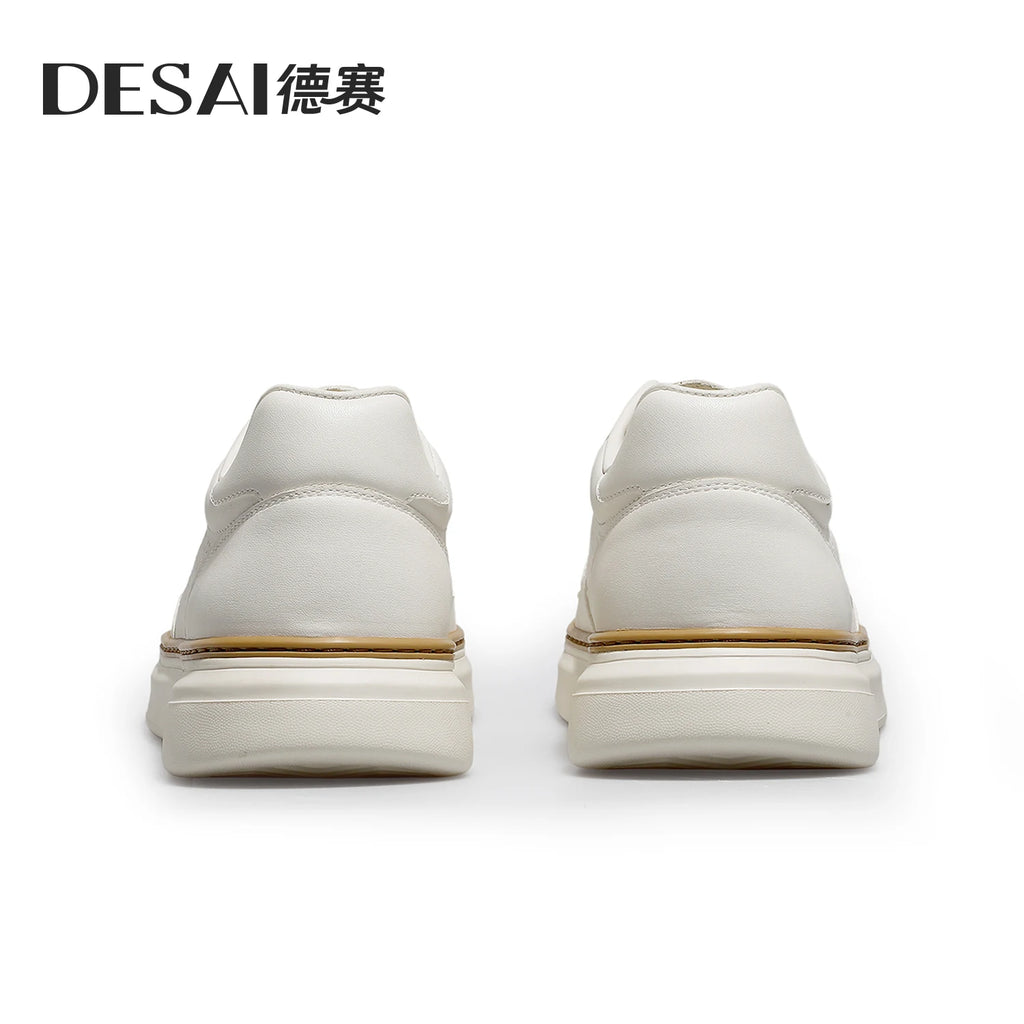 DESAI Men's perforated breathable plimsoll shoes with thick soles and height increase; light and versatile white shoes.