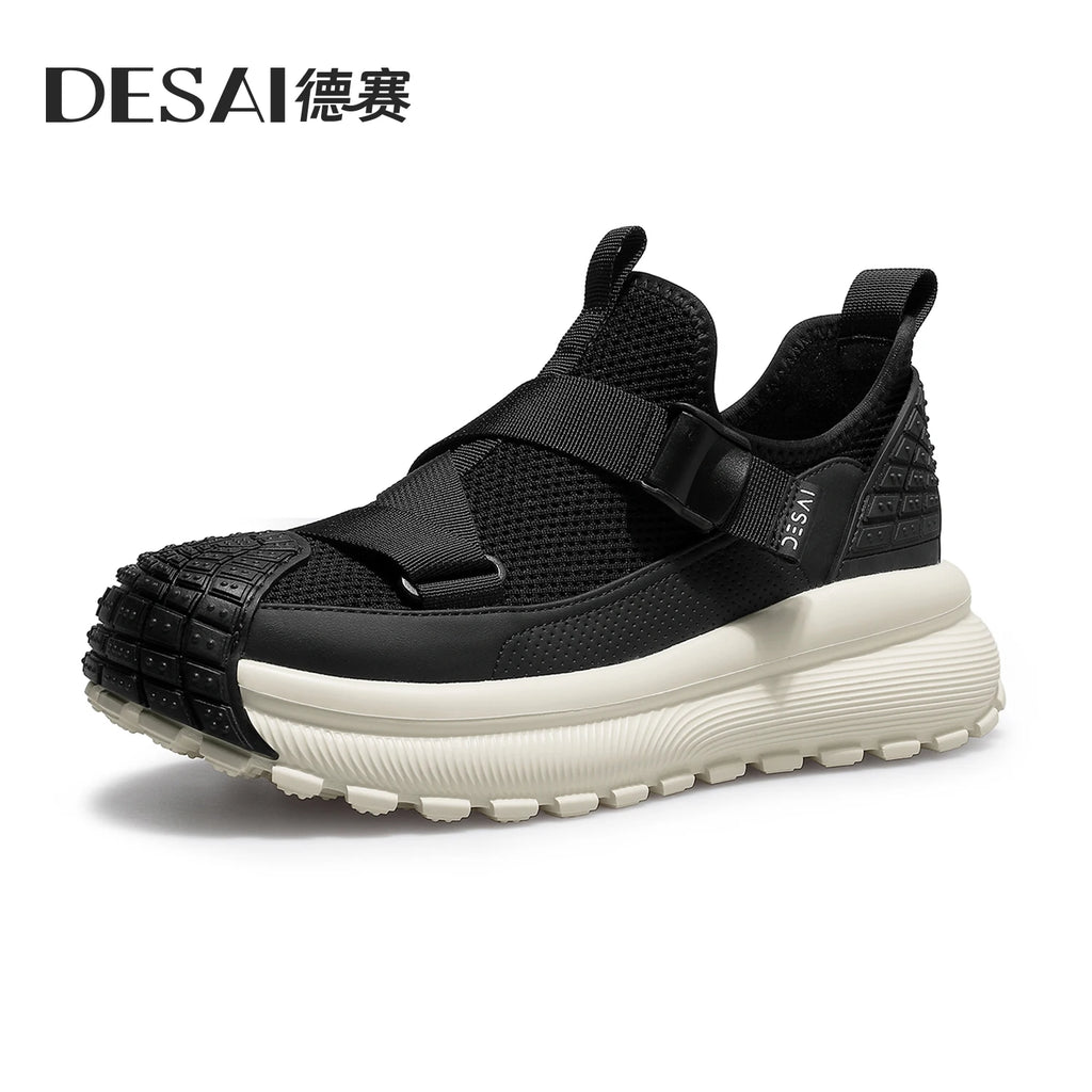 DESAI Breathable mesh shell toe knitted mesh shoes with no laces thick sole heightening casual men's shoes