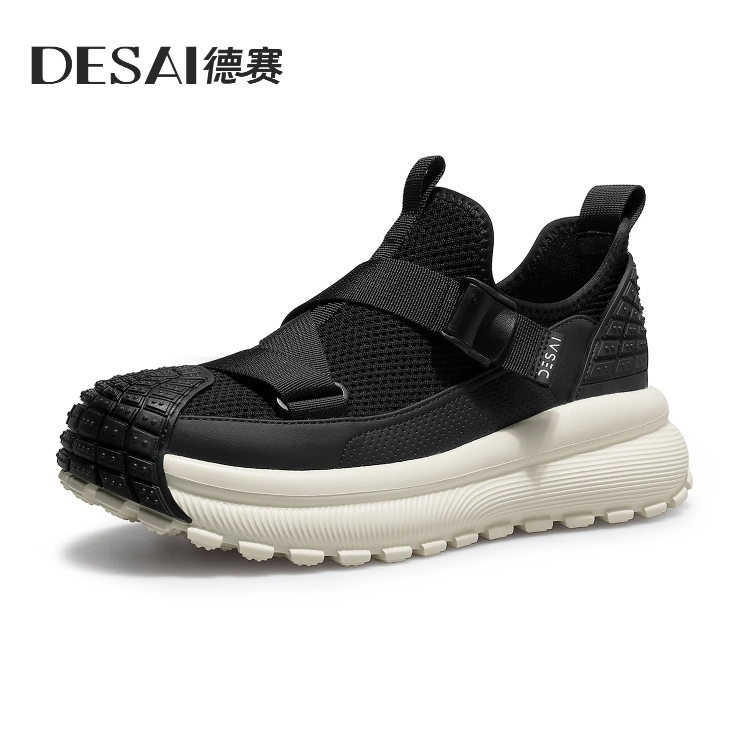 DESAI Breathable mesh shell toe knitted mesh shoes with no laces thick sole heightening casual men's shoes