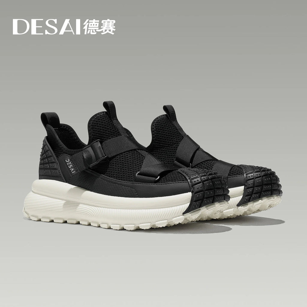 DESAI Breathable mesh shell toe knitted mesh shoes with no laces thick sole heightening casual men's shoes