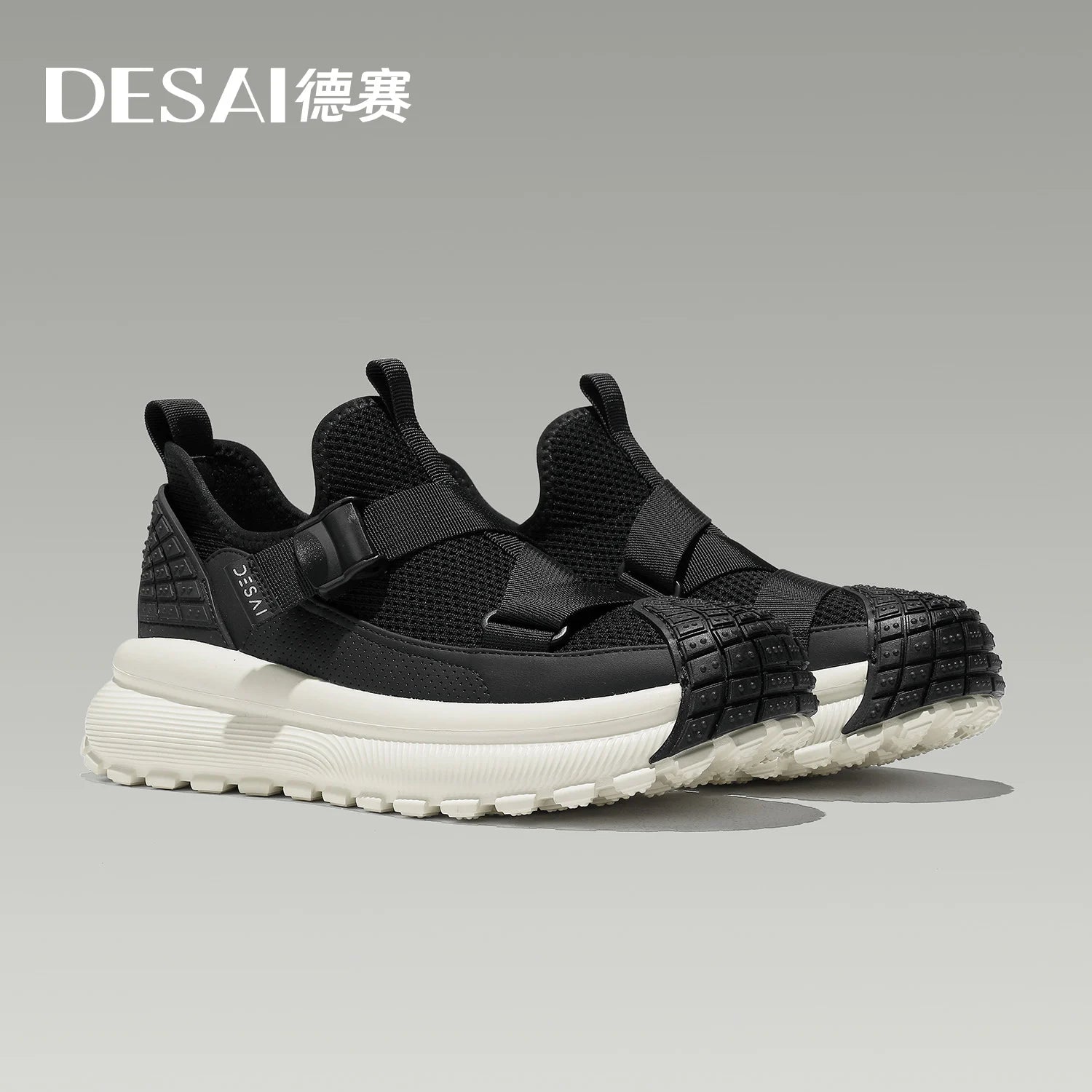 DESAI Breathable mesh shell toe knitted mesh shoes with no laces thick sole heightening casual men's shoes