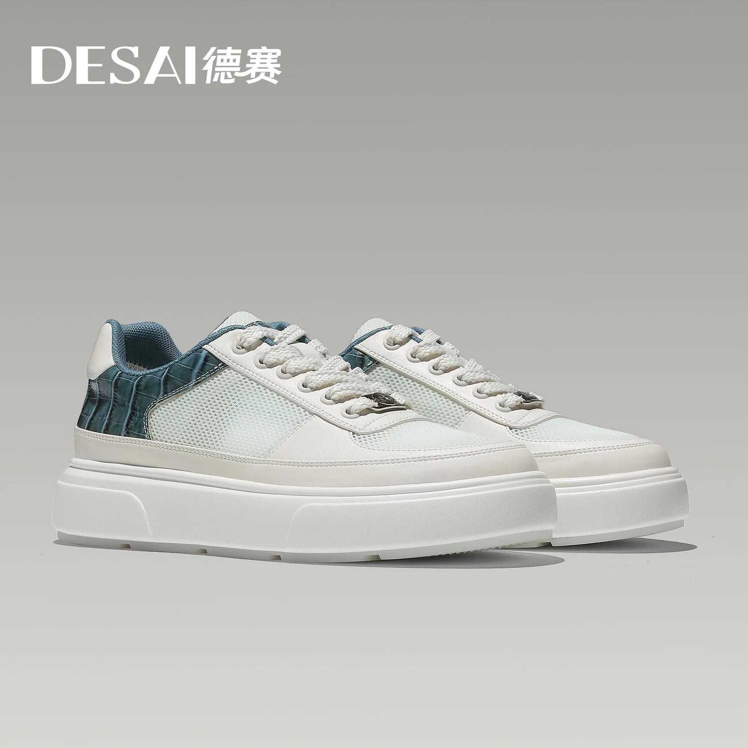 DESAI Thick-soled sports shoes for men with breathable mesh upper; summer white shoes for casual wear to add height