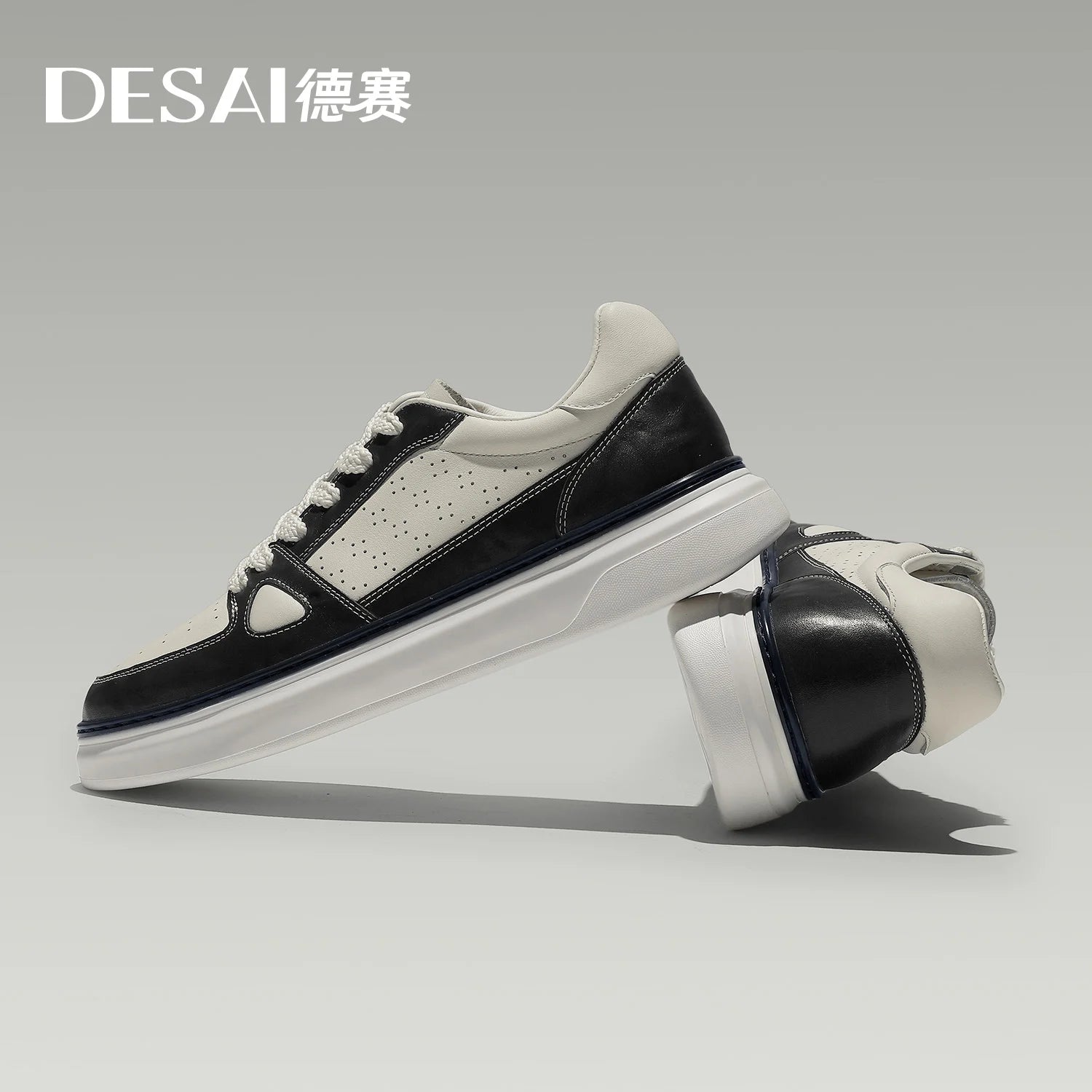 DESAI Men's perforated breathable plimsoll shoes with thick soles and height increase; light and versatile white shoes.