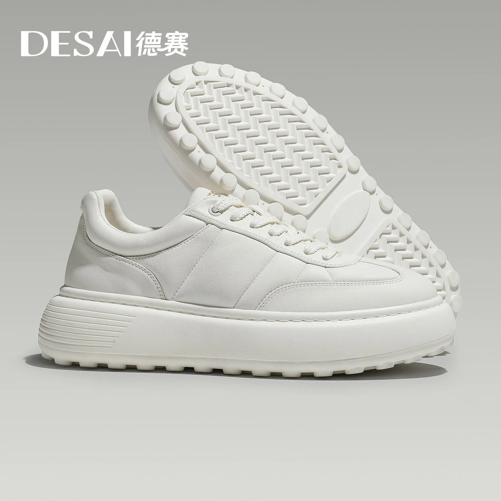 DESAI White leather shoes for men; casual, simple, versatile, with a thick sole for height increase.