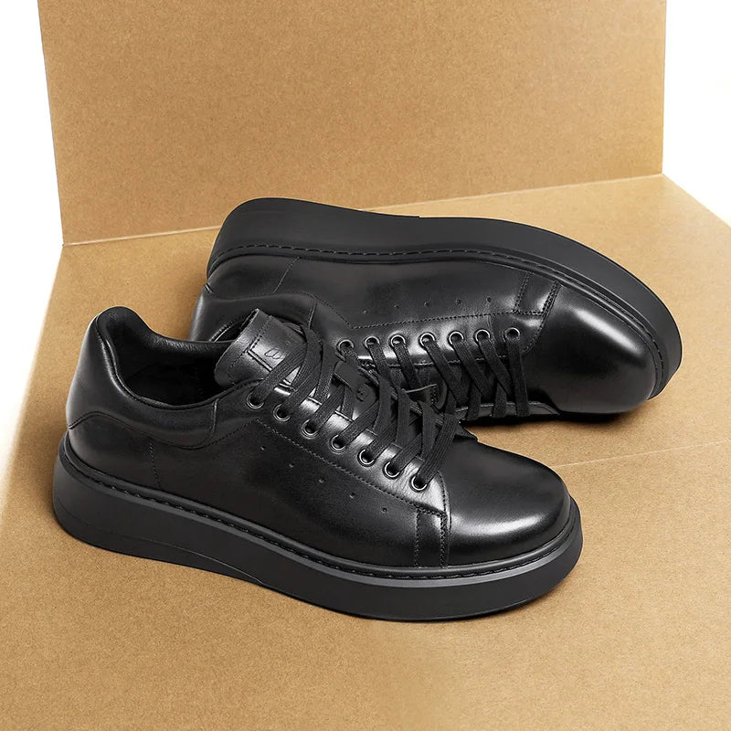 DESAI Thick soled height increasing casual board shoes for men made of genuine leather, lightweight and breathable white shoes