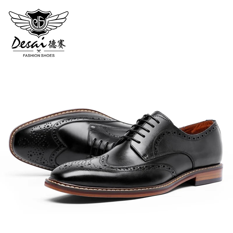DESAI genuine leather business formal Derby shoes thick soled height increasing leisure shoes brogue carved handmade men's shoes