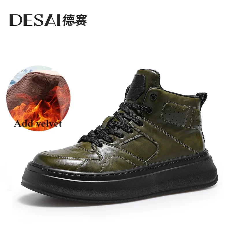 [Hand scratch grain color warm work shoes] Desai winter men's shoes comfortable non-slip high top shoes retro board shoes men