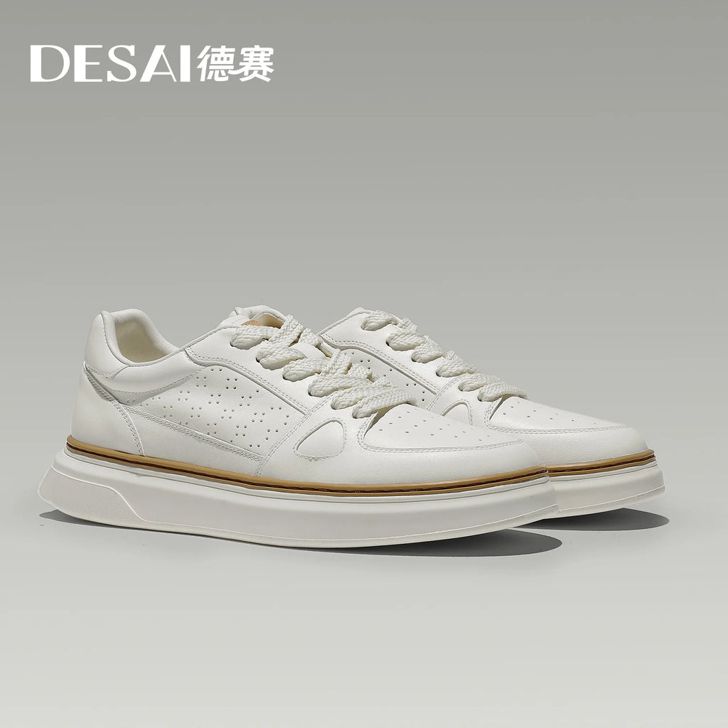 DESAI Men's perforated breathable plimsoll shoes with thick soles and height increase; light and versatile white shoes.