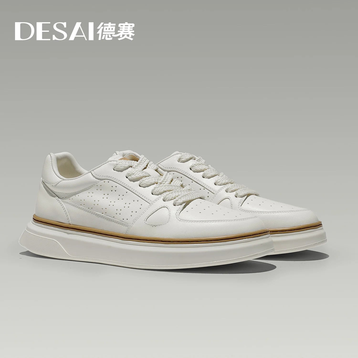 DESAI Men's perforated breathable plimsoll shoes with thick soles and height increase; light and versatile white shoes.