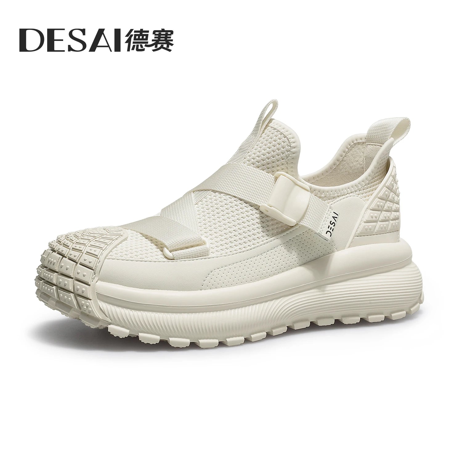 DESAI Breathable mesh shell toe knitted mesh shoes with no laces thick sole heightening casual men's shoes
